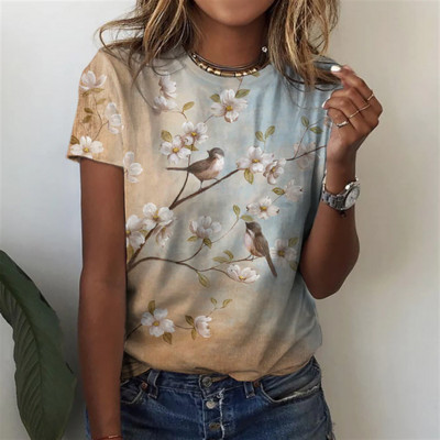 Moodne 3D naiste lilledega T-särk Lõbus lillemustriga lühikeste varrukatega tüdrukute T-särk Suvine vaba aeg O-kaelusega T-särk Naiste riided