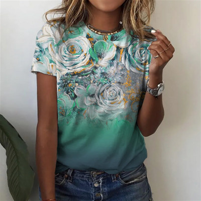 Moodne 3D naiste lilledega T-särk Lõbus lillemustriga lühikeste varrukatega tüdrukute T-särk Suvine vaba aeg O-kaelusega T-särk Naiste riided