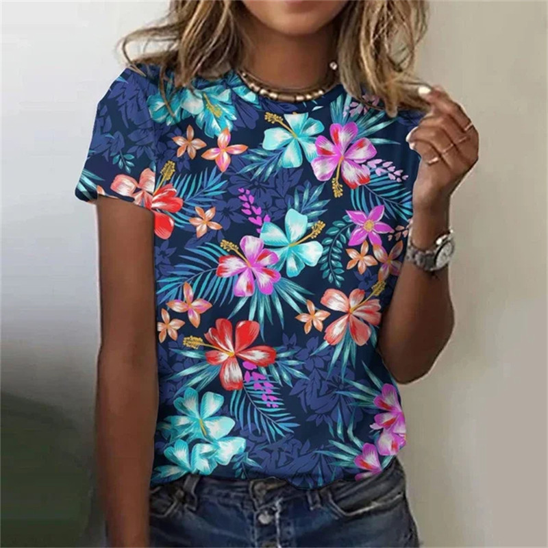 Kaunid lilledega T-särgid naistele Suvine uus lühikeste varrukatega vabaaja moeprindiga naiste T-särk Hawaii naiste Harajuku