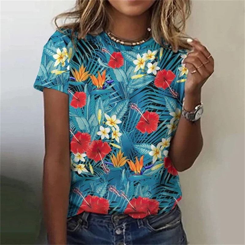 Kaunid lilledega T-särgid naistele Suvine uus lühikeste varrukatega vabaaja moeprindiga naiste T-särk Hawaii naiste Harajuku