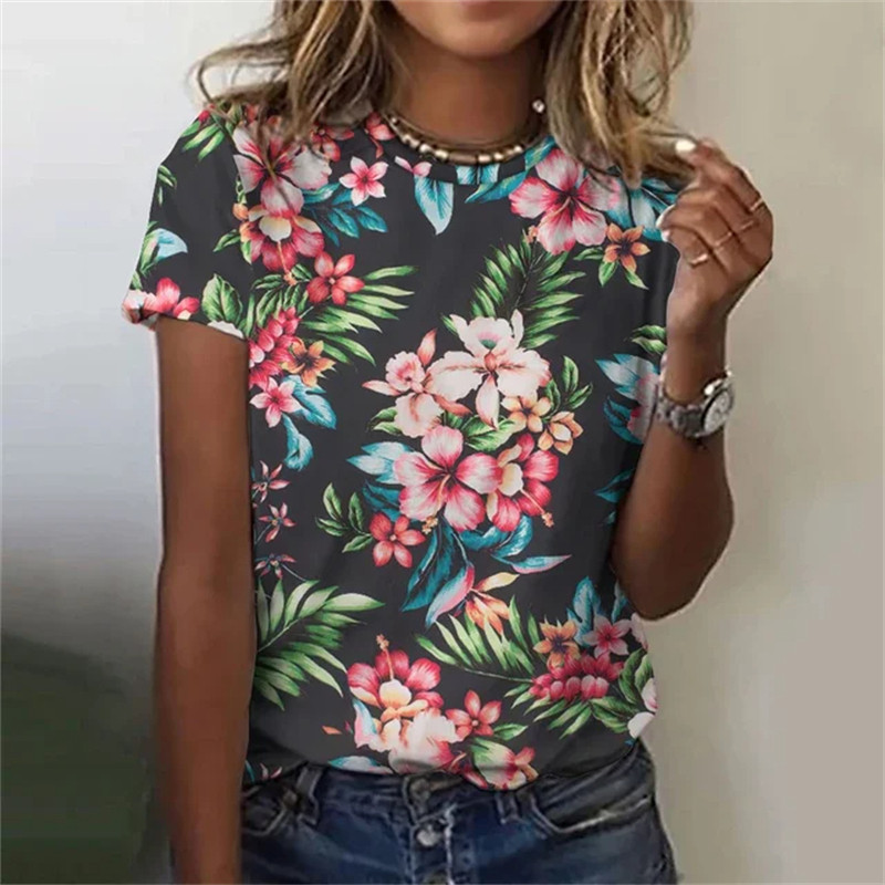 Kaunid lilledega T-särgid naistele Suvine uus lühikeste varrukatega vabaaja moeprindiga naiste T-särk Hawaii naiste Harajuku