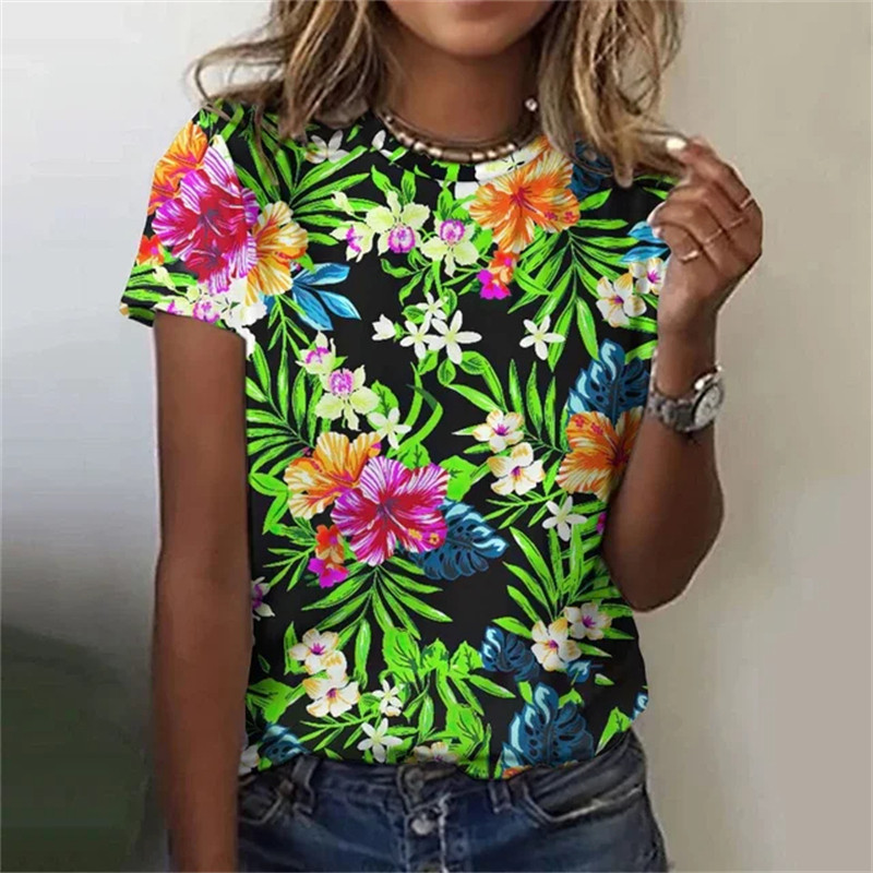 Kaunid lilledega T-särgid naistele Suvine uus lühikeste varrukatega vabaaja moeprindiga naiste T-särk Hawaii naiste Harajuku