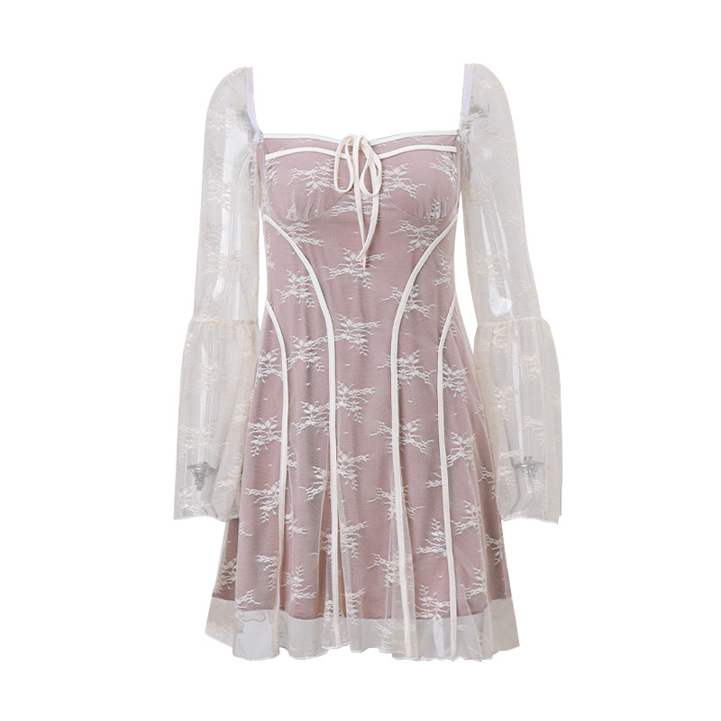 Xeemilo Elegantna ženska haljina s printom, jesen, četvrtasti izrez, duge rukave, mini haljine na vezanje, estetska široka klupska haljina bez leđa