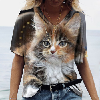 Модни дамски блузи 2023 г. Тениска Дамска 3d котки с принт Черна тениска Kawaii Дамско облекло Големи летни дамски топ с V-образно деколте