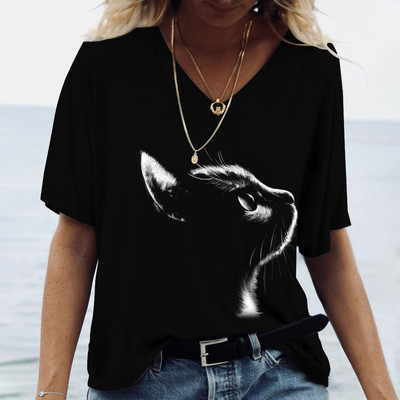 Moda Femei Bluze 2023 Tricou Femei 3d Cats Print Tricou Negru Kawaii Îmbrăcăminte Femeie De Vară Supradimensionat Decolteu în V