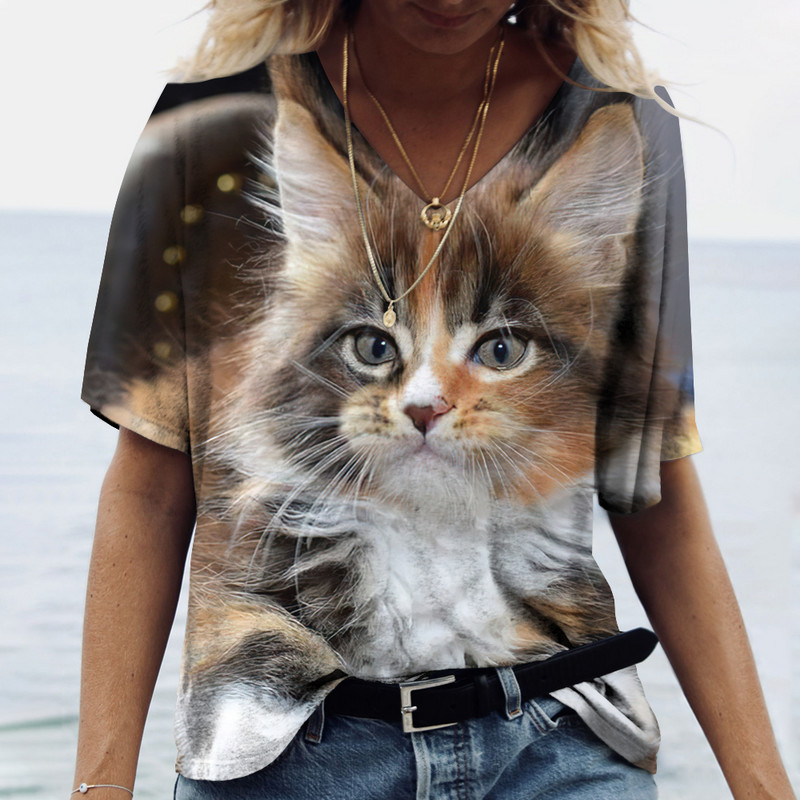 Moda Femei Bluze 2023 Tricou Femei 3d Cats Print Tricou Negru Kawaii Îmbrăcăminte Femeie De Vară Supradimensionat Decolteu în V