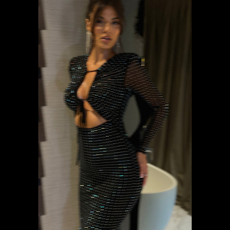 Seksikas väljalõigatud võrk, pikkade varrukatega Bodycon Maxi kleit, naiste sädelev pitsiline peokleit Vestido 2023 kevadsügis, elegantsed sünnipäevariided