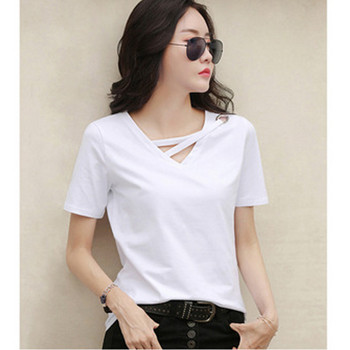MRMT 2024 Чисто нова дамска бяла тениска с къс ръкав Дамска широка корейска версия на черна блуза с V-образно деколте Ежедневна тениска