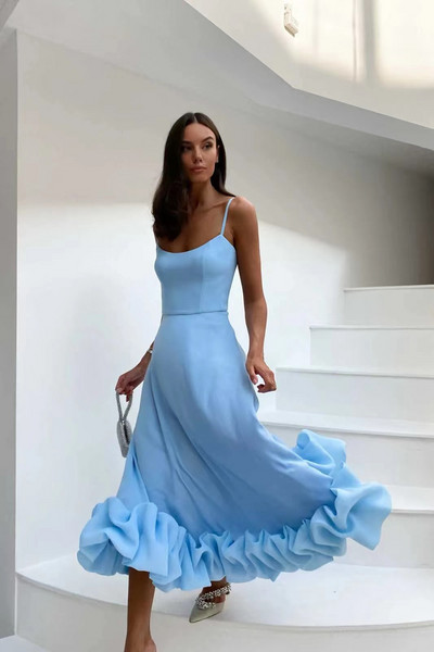 Rochie elegantă cu volane, solidă, lungă, rochii de petrecere cu bretele în talie, la modă, fără mâneci, fără spate, fustă leagăn de plajă.