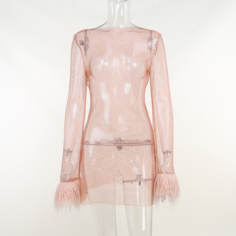 Peomeod Suvine pikkade varrukatega minisuled Säravad naisteklubi Seksikas kleit Õhturiietus Õõnes võrkkleit YJ22229PF