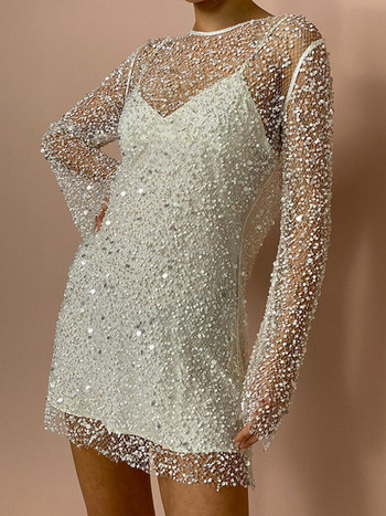Модна прозрачна мрежеста рокля с пайети за жени Пролет 2024 г. Газова мини рокля Две в едно Женски къси рокли за ваканционно парти