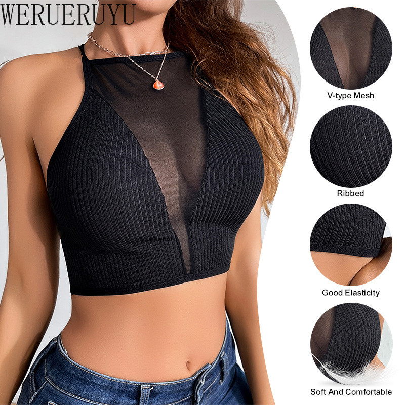 Top cu corset sexy din plasă scobit pentru femei, haine Y2k, fără mâneci, negru, cu umăr, vestă crop de vară, maiou de vară, 2024