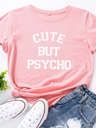 Tricou femei Cute But Psycho Letter Fashion imprimeu dama tricou casual baza guler O cămașă neagră tricou cu mânecă scurtă dama