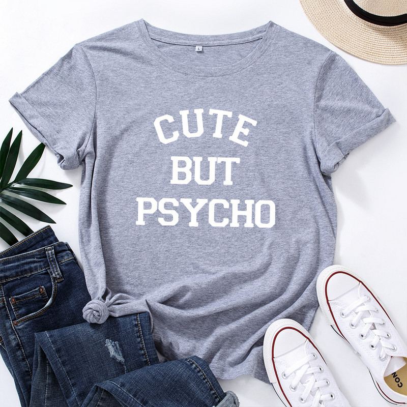 Tricou femei Cute But Psycho Letter Fashion imprimeu dama tricou casual baza guler O cămașă neagră tricou cu mânecă scurtă dama