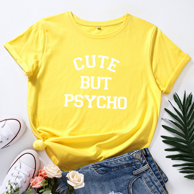 Tricou femei Cute But Psycho Letter Fashion imprimeu dama tricou casual baza guler O cămașă neagră tricou cu mânecă scurtă dama