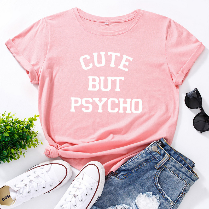 Tricou femei Cute But Psycho Letter Fashion imprimeu dama tricou casual baza guler O cămașă neagră tricou cu mânecă scurtă dama