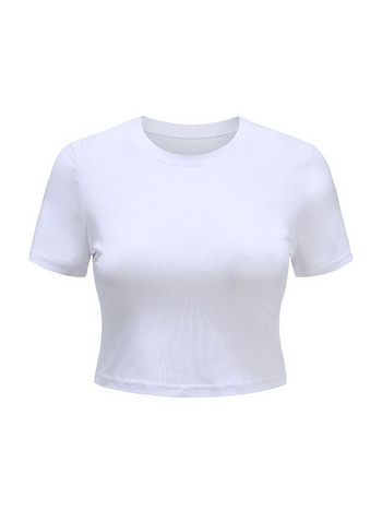 Плетено бяло изрязано топче с O деколте Дамска лятна ежедневна тениска Basic Sexy Streetwear Ribber Черни горнища с къс ръкав