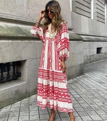 Γυναικεία Φορέματα Boho Floral Print Καλοκαιρινά Κομψά Μόδα Βολάν με λαιμόκοψη Μακριά Ρόμπα Γυναικεία Casual Χαλαρή Παραλία Holiday Maxi Φόρεμα