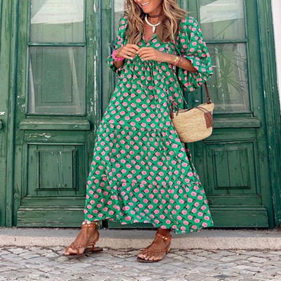 Rochii boho cu imprimeuri florale de vară, la modă elegantă, cu volane, cu decolteu în V, rochie lungă, ocazională, de vacanță, la plajă.