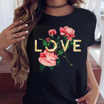 Нова дамска 3D тениска Тениска със златни букви Любов Дамска тениска с къс ръкав Момиче Черна дамска ежедневна тениска
