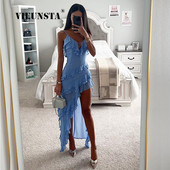 Rochii șic cu volane, subțire, bodycon, rochii goale femei, vacanță de vară 2024, rochie lungă la plajă, cu bretele spaghete, asimetrie, rochii sexy de petrecere