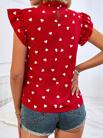 Модна дамска риза с принт от шифон Ежедневна горна част с волани и къси ръкави Розова шикозна дамска блуза и ризи Елегантни блузи лято 2024