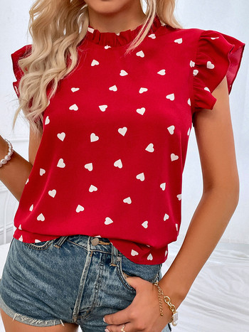 Модна дамска риза с принт от шифон Ежедневна горна част с волани и къси ръкави Розова шикозна дамска блуза и ризи Елегантни блузи лято 2024
