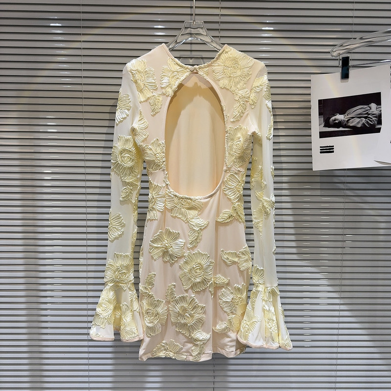 PREPOMP 2023. Zimska nova kolekcija dugih širokih rukava s izvezenim cvjetnim leđima, izdubljena bež kratka haljina za žene GM699