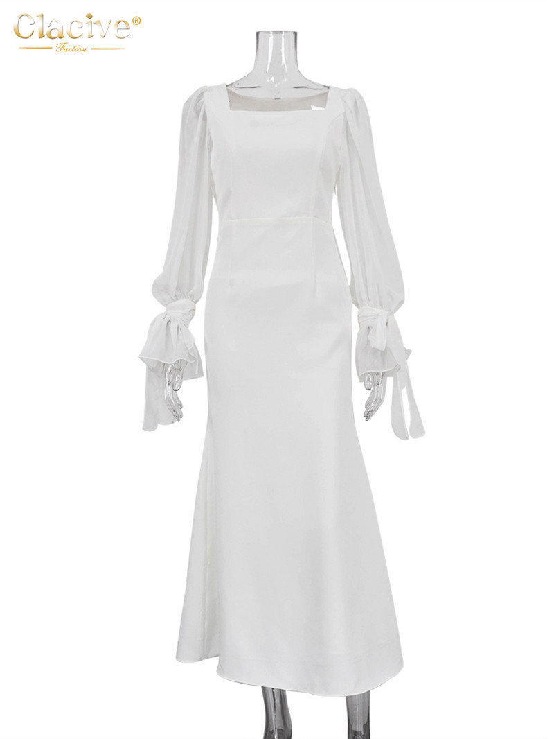 Clacive Bodycon Bijela uredska ženska haljina, modne uske haljine s četvrtastim ovratnikom, dugih rukava, do gležnja, ženska odjeća 2024.