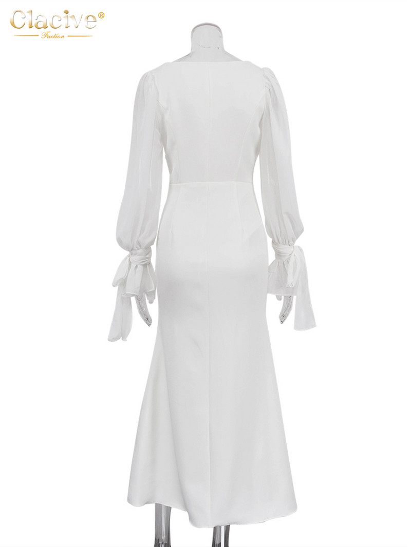 Clacive Bodycon Bijela uredska ženska haljina, modne uske haljine s četvrtastim ovratnikom, dugih rukava, do gležnja, ženska odjeća 2024.