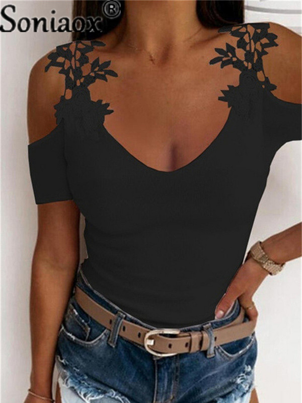 2021, vară, dantelă, petale, mânecă scurtă, tricou de damă, de culoare uni, pentru femei, supradimensionat, cu umăr dezactivat, cu decolteu în V, subțire, ocazional, topuri, tunică