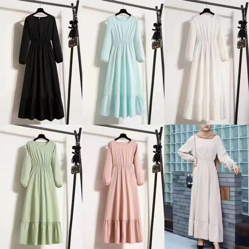 Rochie lungă pentru femei, primăvară toamnă, rochii solide, cu mâneci întregi, cu gâtul O, rochii casual din șifon, musulmane, solide, rochii maxi largi