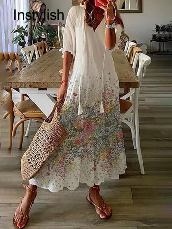 Γυναικείο Κομψό Boho Printing Μακρύ Φόρεμα Casual με μισό μανίκι V λαιμόκοψη Φαρδύ μάξι φόρεμα Γυναικείο Holiday Beach Sundress Vestidos