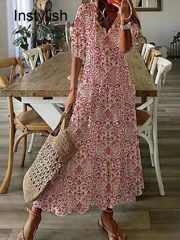 Γυναικείο Κομψό Boho Printing Μακρύ Φόρεμα Casual με μισό μανίκι V λαιμόκοψη Φαρδύ μάξι φόρεμα Γυναικείο Holiday Beach Sundress Vestidos