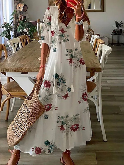 Női Elegáns Boho nyomtatás Hosszú ruha Alkalmi fél ujjú V nyakú laza maxi ruha Női nyaralás Beach Sundress Vestidos