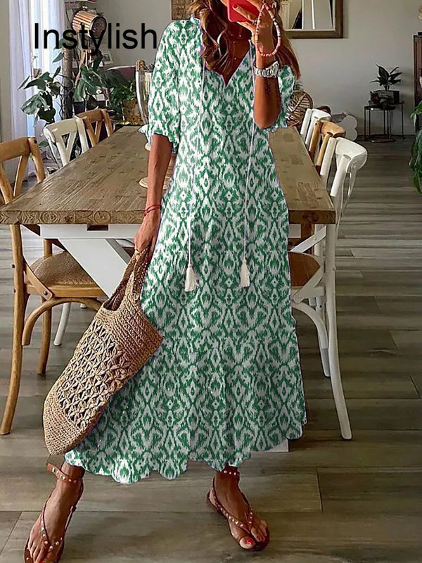 Női Elegáns Boho nyomtatás Hosszú ruha Alkalmi fél ujjú V nyakú laza maxi ruha Női nyaralás Beach Sundress Vestidos