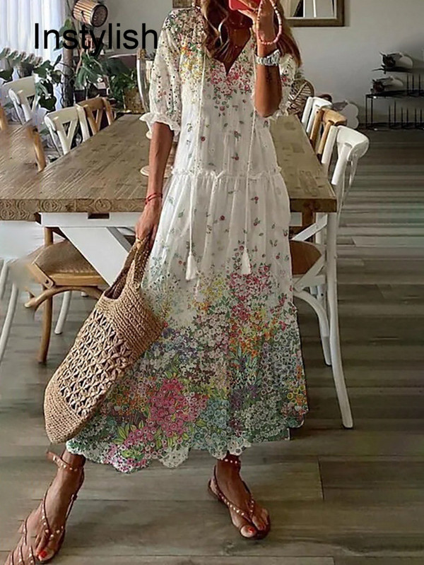 Női Elegáns Boho nyomtatás Hosszú ruha Alkalmi fél ujjú V nyakú laza maxi ruha Női nyaralás Beach Sundress Vestidos
