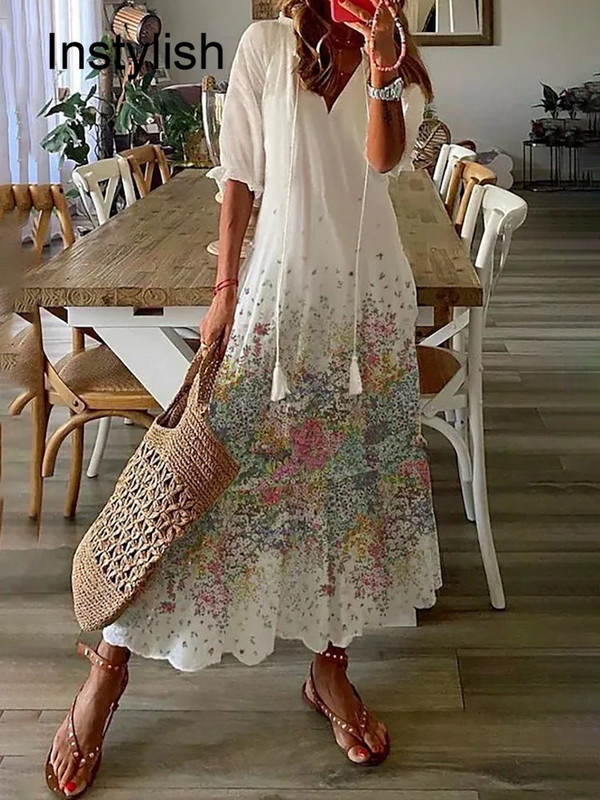 Női Elegáns Boho nyomtatás Hosszú ruha Alkalmi fél ujjú V nyakú laza maxi ruha Női nyaralás Beach Sundress Vestidos