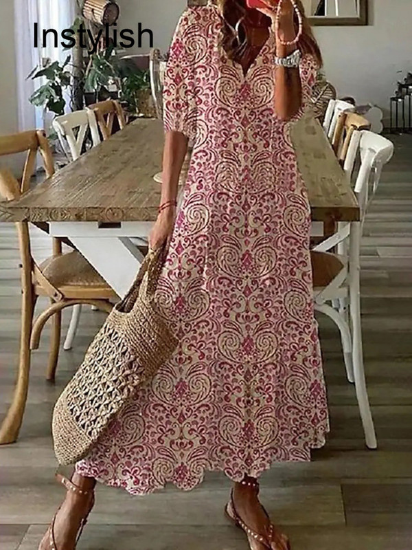 Női Elegáns Boho nyomtatás Hosszú ruha Alkalmi fél ujjú V nyakú laza maxi ruha Női nyaralás Beach Sundress Vestidos