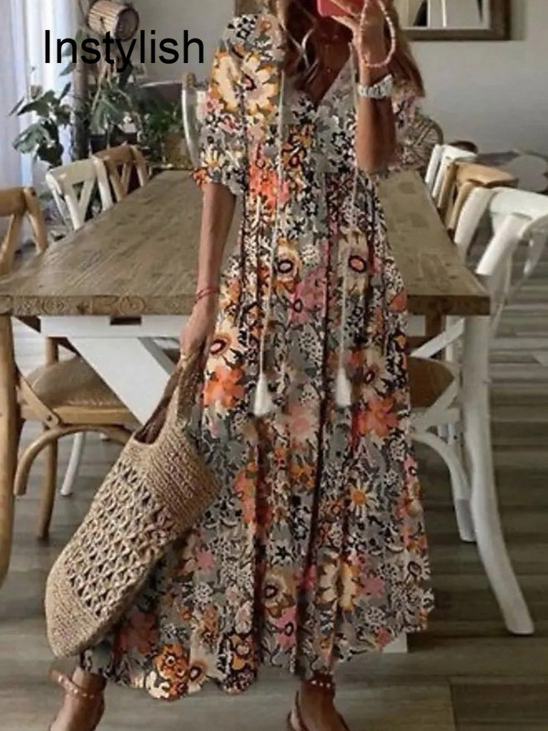 Női Elegáns Boho nyomtatás Hosszú ruha Alkalmi fél ujjú V nyakú laza maxi ruha Női nyaralás Beach Sundress Vestidos