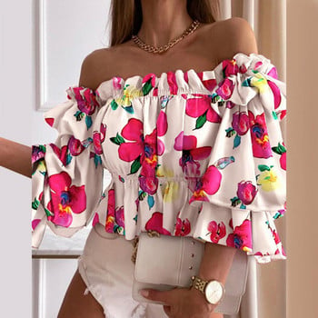 Off Shoulder Καλοκαιρινή γυναικεία μπλούζα πολλαπλών στρώσεων, πολύχρωμη φθινοπωρινή μπλούζα με πλισέ, γυναικεία μακρυμάνικη μπλούζα με βολάν για παραλία