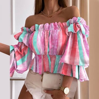 Off Shoulder Καλοκαιρινή γυναικεία μπλούζα πολλαπλών στρώσεων, πολύχρωμη φθινοπωρινή μπλούζα με πλισέ, γυναικεία μακρυμάνικη μπλούζα με βολάν για παραλία