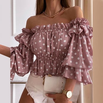 Off Shoulder Καλοκαιρινή γυναικεία μπλούζα πολλαπλών στρώσεων, πολύχρωμη φθινοπωρινή μπλούζα με πλισέ, γυναικεία μακρυμάνικη μπλούζα με βολάν για παραλία