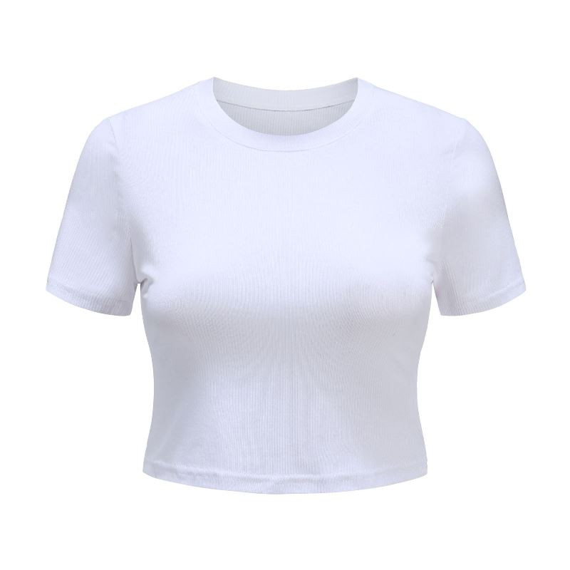Top crop alb tricot cu decolteu O, tricou casual de vară pentru femei, îmbrăcăminte de stradă, sexy, cu mânecă scurtă, negru.