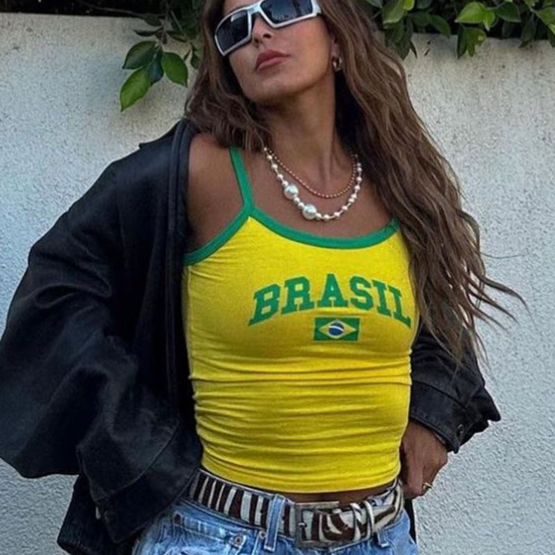 Nyári karcsú mellény Brazília betűkkel nyomtatott felsők Sárga Vintage Gothic Crop felsők E-girl Esztétikus női Camisole Y2k ruhák 2023