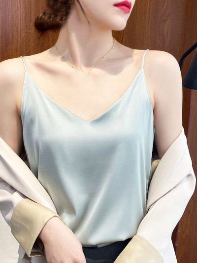 Spagetti pántos V nyakú felsők női ujjatlan szatén utánzat selymes camisole S-2XL S00102