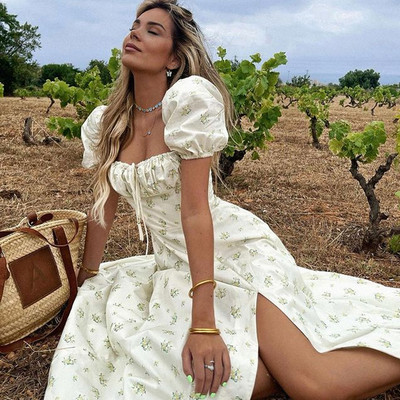 Avrilyaan Seksi haljina s otvorenim ramenima i cvjetnim printom za žene Visoko podijeljene elegantne duge haljine bez leđa Ljetna haljina Vestidos