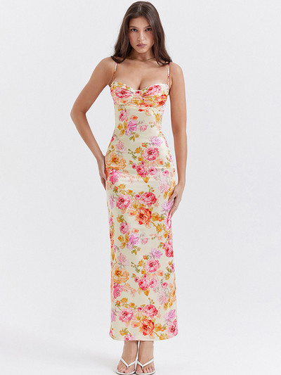 Avrilyaan Seksi haljina s otvorenim ramenima i cvjetnim printom za žene Visoko podijeljene elegantne duge haljine bez leđa Ljetna haljina Vestidos