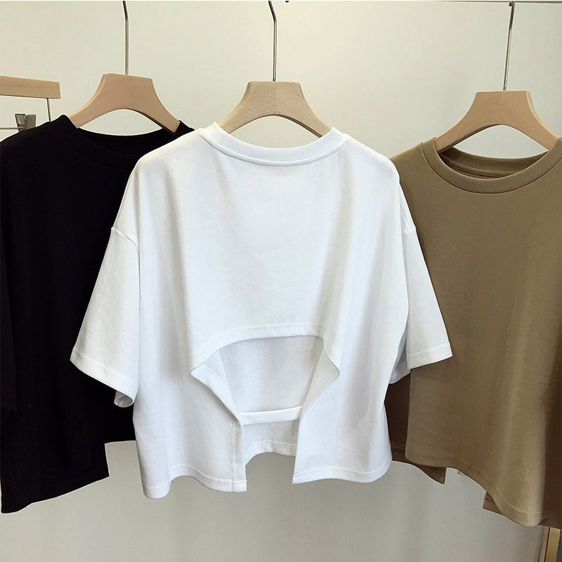 Tricou de vară pentru femei, ocazional, fără spate, 2023 pentru femei coreene, cu gât rotund, largi, dulce, picant, crop top cu mânecă scurtă