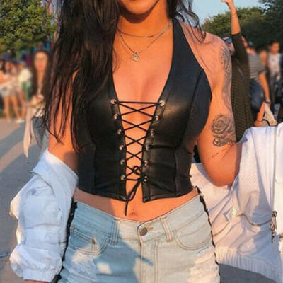 Tancuri sexy pentru femei Veste din piele PU neagră solidă Y2k gotic cu șireturi cu decolteu în V adânc, îmbrăcăminte de petrecere, cu aspect umed, corset, sutien, vestă, tricou